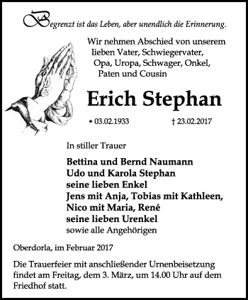 Traueranzeige von Erich Stephan von Thüringer Allgemeine, Thüringische Landeszeitung