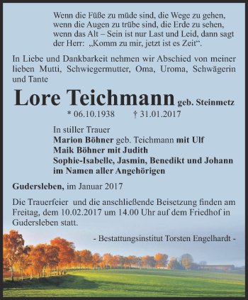 Traueranzeige von Lore Teichmann von Thüringer Allgemeine