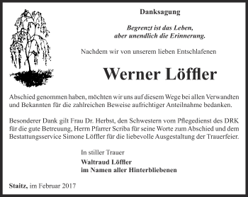 Traueranzeige von Werner Löffler von Ostthüringer Zeitung