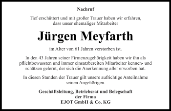 Traueranzeige von Jürgen Meyfarth von Ostthüringer Zeitung, Thüringische Landeszeitung