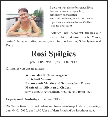 Traueranzeige von Rosi Spilgies von Ostthüringer Zeitung
