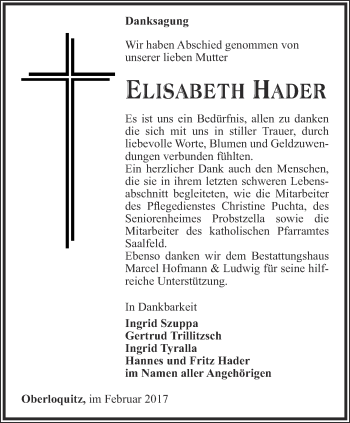 Traueranzeige von Elisabeth Hader von Ostthüringer Zeitung