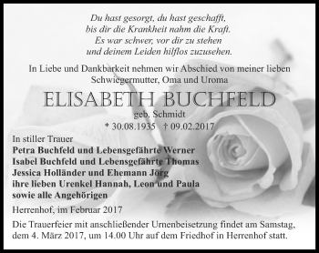 Traueranzeige von Elisabeth Buchfeld von Ostthüringer Zeitung, Thüringische Landeszeitung