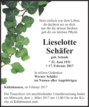 Traueranzeige von Lieselotte Schäfer von Thüringer Allgemeine, Thüringische Landeszeitung