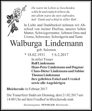 Traueranzeige von Walburga Lindemann von Thüringer Allgemeine