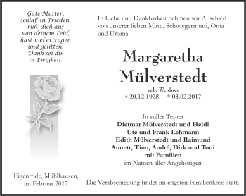 Traueranzeige von Margaretha Mülverstedt von Thüringer Allgemeine, Thüringische Landeszeitung