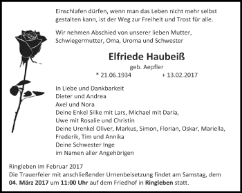 Traueranzeige von Elfriede Haubeiß von Thüringer Allgemeine, Thüringische Landeszeitung