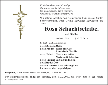 Traueranzeige von Rosa Schachtschabel von Thüringer Allgemeine, Thüringische Landeszeitung