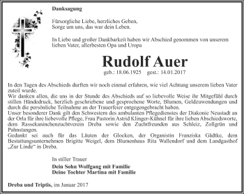 Traueranzeige von Rudolf Auer von Ostthüringer Zeitung