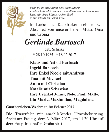 Traueranzeige von Gerlinde Bartosch von Ostthüringer Zeitung, Thüringische Landeszeitung