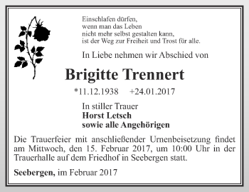 Traueranzeige von Brigitte Trennert von Ostthüringer Zeitung, Thüringische Landeszeitung