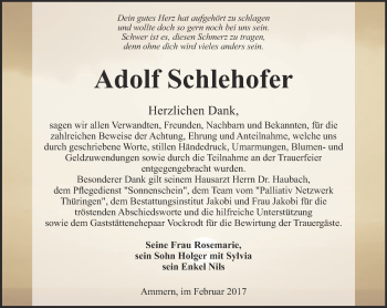 Traueranzeige von Adolf Schlehofer von Thüringer Allgemeine, Thüringische Landeszeitung