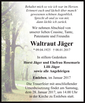 Traueranzeige von Waltraut Jäger von Ostthüringer Zeitung, Thüringische Landeszeitung