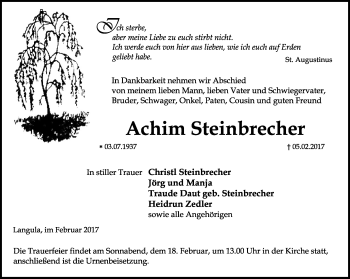 Traueranzeige von Achim Steinbrecher von Thüringer Allgemeine, Thüringische Landeszeitung