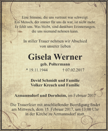 Traueranzeige von Gisela Werner von Thüringer Allgemeine, Thüringische Landeszeitung