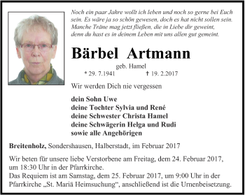 Traueranzeige von Bärbel Artmann von Thüringer Allgemeine