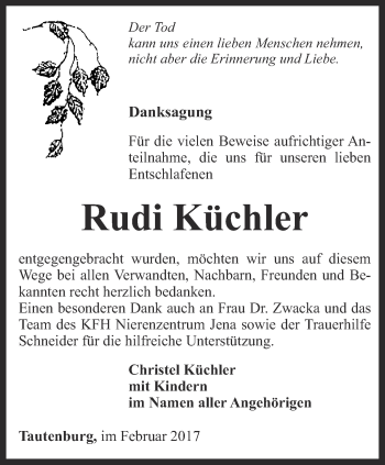 Traueranzeige von Rudi Küchler von Ostthüringer Zeitung, Thüringische Landeszeitung