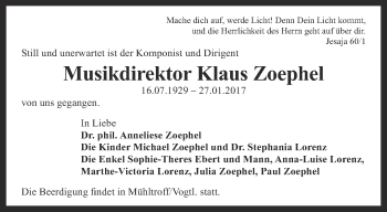 Traueranzeige von Klaus Zoephel von Thüringer Allgemeine, Thüringische Landeszeitung