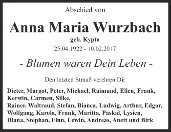 Traueranzeige von Anna Maria Wurzbach von Ostthüringer Zeitung