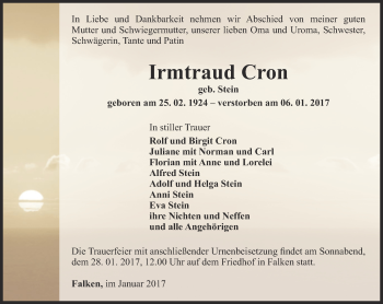 Traueranzeige von Irmtraud Cron von Thüringer Allgemeine, Thüringische Landeszeitung