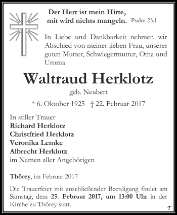 Traueranzeige von Waltraud Herklotz von Ostthüringer Zeitung, Thüringische Landeszeitung