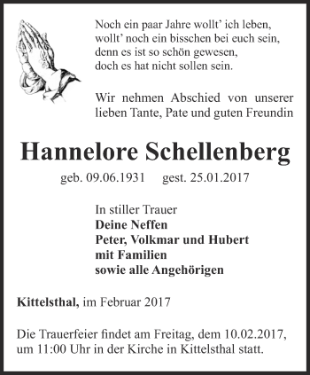 Traueranzeige von Hannelore Schellenberg von Thüringer Allgemeine, Thüringische Landeszeitung
