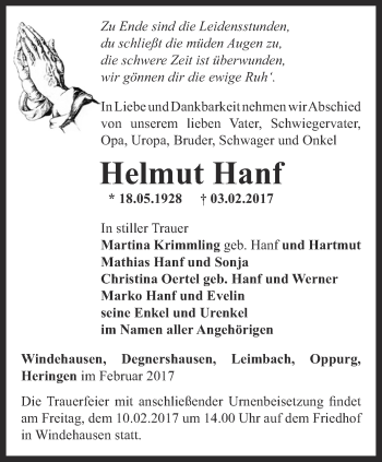 Traueranzeige von Helmut Hanf von Thüringer Allgemeine