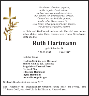 Traueranzeige von Ruth Hartmann von Thüringer Allgemeine, Thüringische Landeszeitung