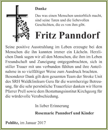 Traueranzeige von Fritz Panndorf von Ostthüringer Zeitung