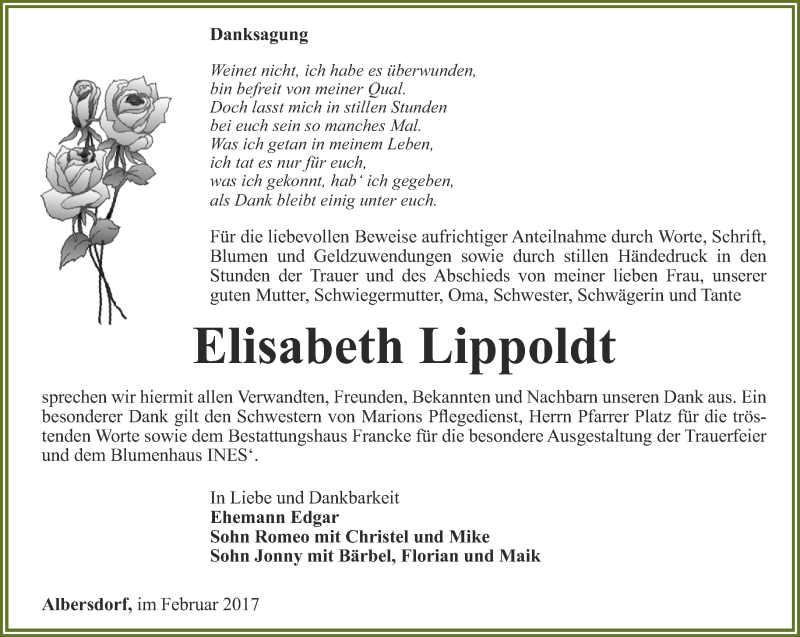  Traueranzeige für Elisabeth Lippoldt vom 10.02.2017 aus Ostthüringer Zeitung