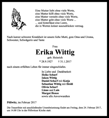 Traueranzeige von Erika Wittig von Ostthüringer Zeitung