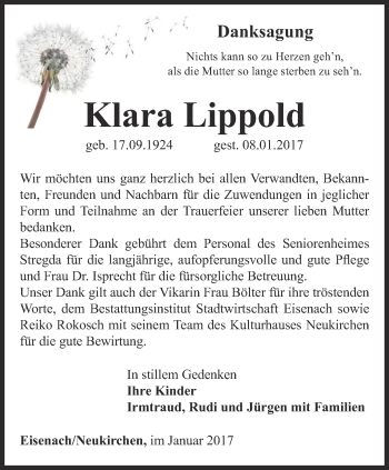 Traueranzeige von Klara Lippold von Thüringer Allgemeine, Thüringische Landeszeitung