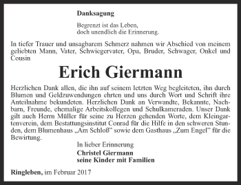 Traueranzeige von Erich Giermann von Thüringer Allgemeine, Thüringische Landeszeitung