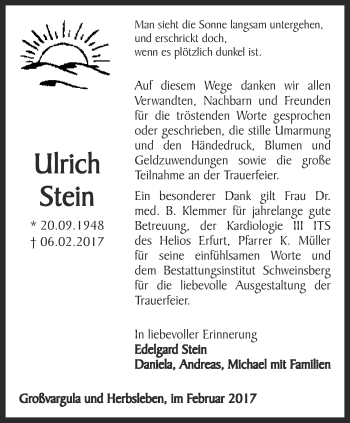 Traueranzeige von Ulrich Stein von Thüringer Allgemeine, Thüringische Landeszeitung