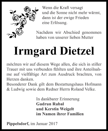 Traueranzeige von Irmgard Dietzel von Ostthüringer Zeitung