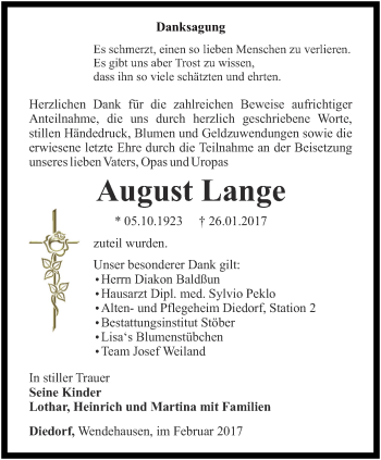 Traueranzeige von August Lange von Thüringer Allgemeine, Thüringische Landeszeitung