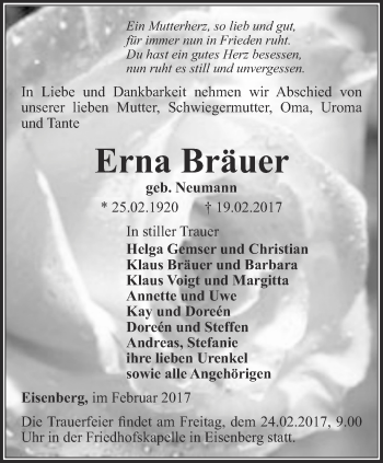 Traueranzeige von Erna Bräuer von Ostthüringer Zeitung