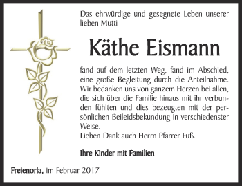 Traueranzeige von Käthe Eismann von Ostthüringer Zeitung, Thüringische Landeszeitung