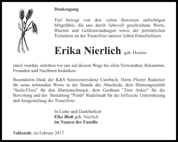 Traueranzeige von Erika Nierlich von Ostthüringer Zeitung