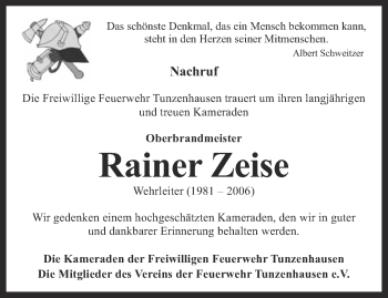 Traueranzeige von Rainer Zeise von Thüringer Allgemeine