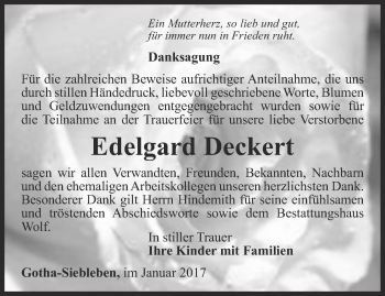 Traueranzeige von Edelgard Deckert von Ostthüringer Zeitung, Thüringische Landeszeitung