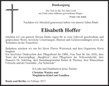 Traueranzeige von Elisabeth Hoffer von Ostthüringer Zeitung