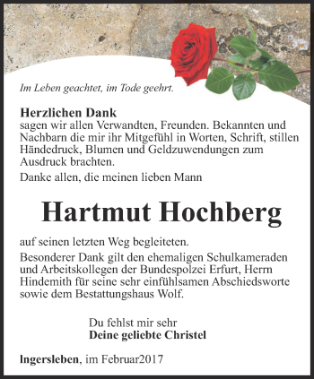 Traueranzeige von Hartmut Hochberg von Thüringer Allgemeine, Thüringische Landeszeitung