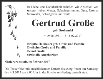 Traueranzeige von Gertrud Große von Thüringer Allgemeine, Thüringische Landeszeitung