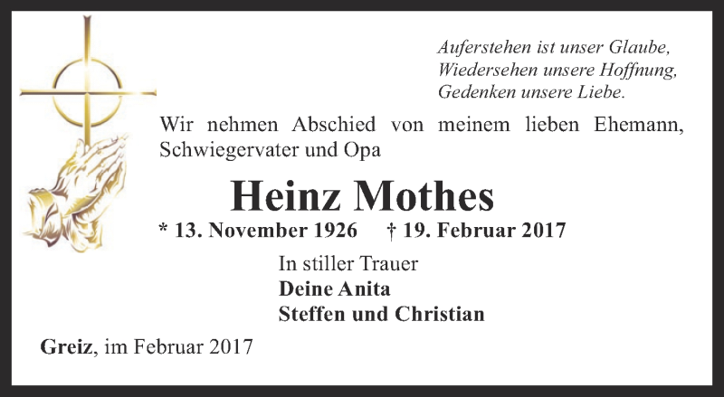  Traueranzeige für Heinz Mothes vom 28.02.2017 aus Ostthüringer Zeitung