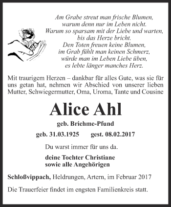 Traueranzeige von Alice Ahl von Thüringer Allgemeine