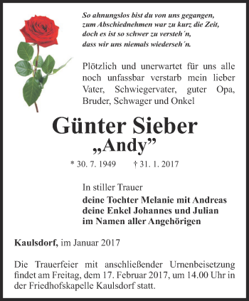 Traueranzeige von Günter Sieber von Ostthüringer Zeitung