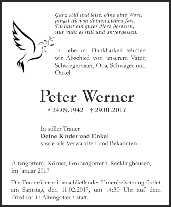 Traueranzeige von Peter Werner von Thüringer Allgemeine, Thüringische Landeszeitung