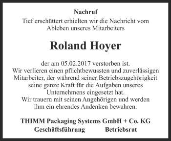 Traueranzeige von Roland Hoyer von Thüringer Allgemeine