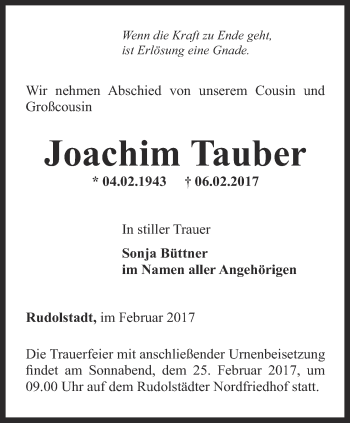 Traueranzeigen von Joachim Tauber trauerinthueringen.de